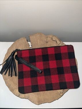 J. Jill Red and Black Plaid Wristlet Clutch with Tassel